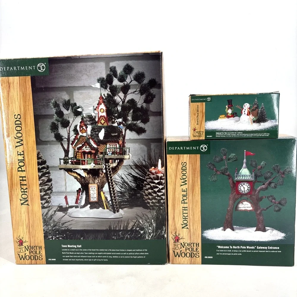 Dept 56 Town Meeting Hall Tree House North Pole, Woods Entrance, Snowman & Elf